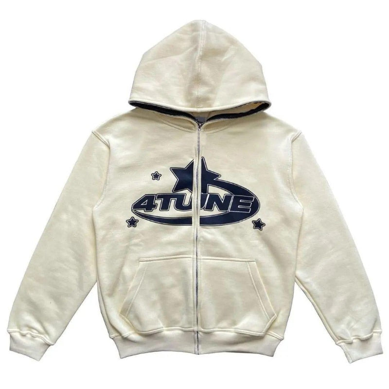 Star printed zip up hoodie with cozy fit and playful design